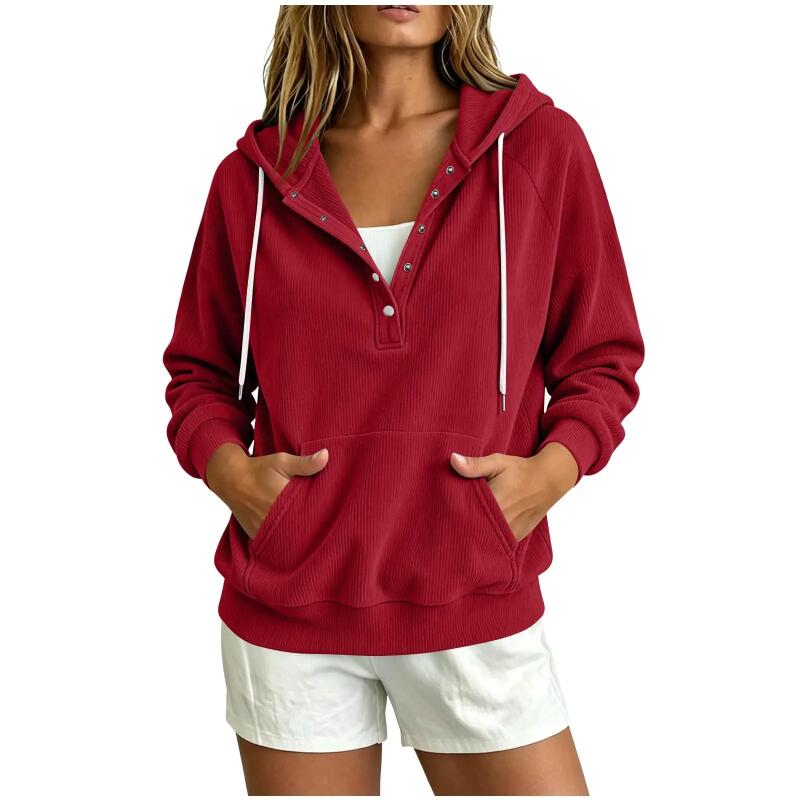 Damen Halbknopf Kapuzenpullover Kordelzug Langarm Kängurutasche Locker Lässig Pullover Einfarbige Tägliche Streetwear Sweatshirt