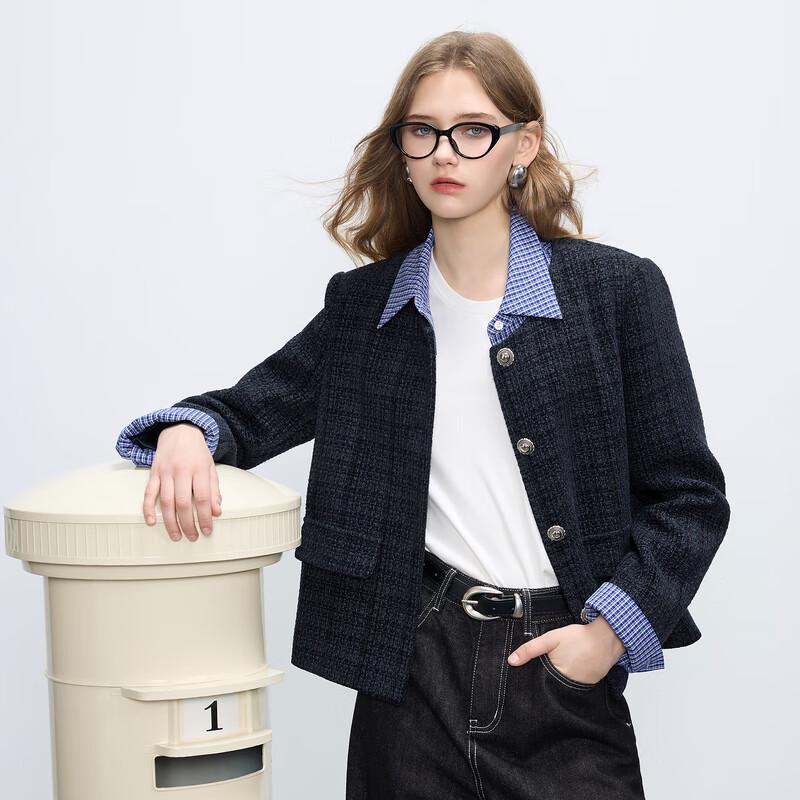 

Sancai 2025 Winter Retro Faux Two-Piece Plaid Short Jacket M