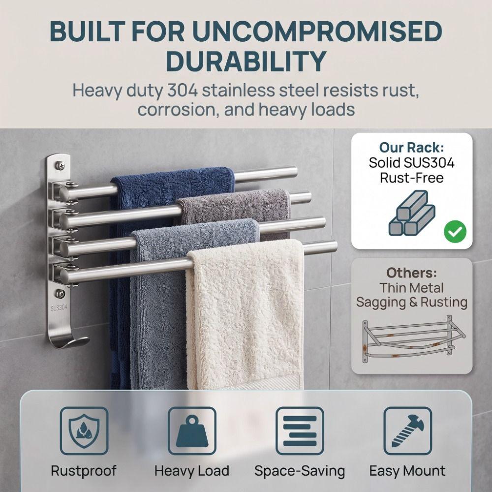 Swivel Out Towel Racks Silver Towel Holder Organizer Durable Bath Towel Hanger Space-Saving