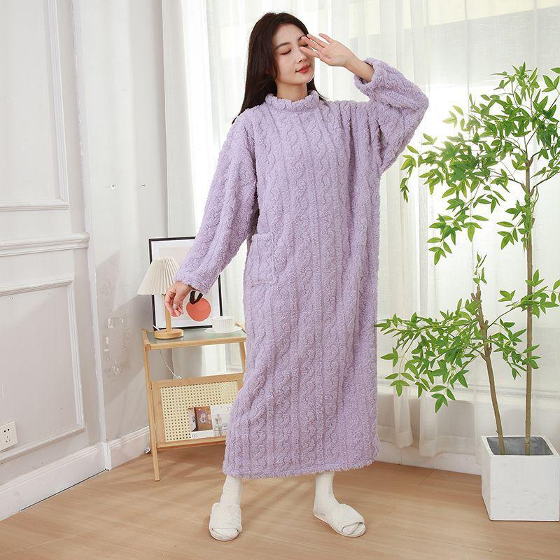 Women's Mock Neck Cable Knit Fleece Nightgown, Winter Warm Long Plush Sleep Dress with Big Pockets, Loose Cozy Loungewear