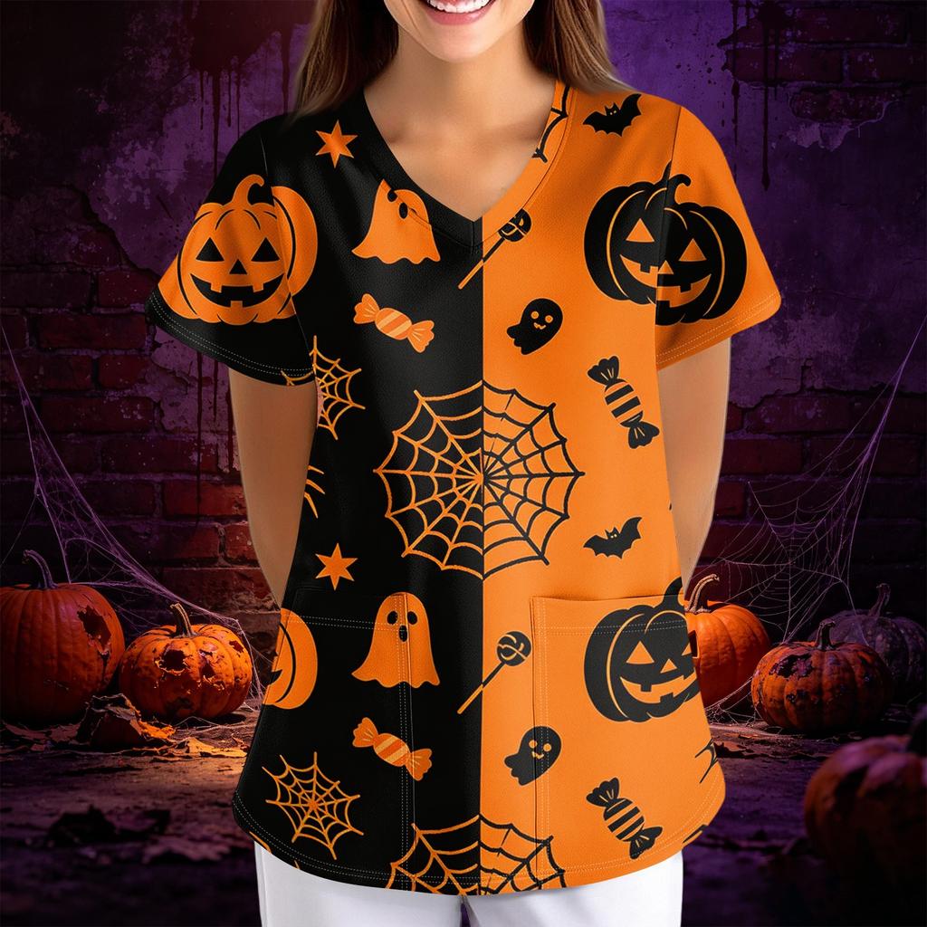 Women's Halloween Print V-Neck Short Sleeve Scrub Top with Pockets, Loose Fit