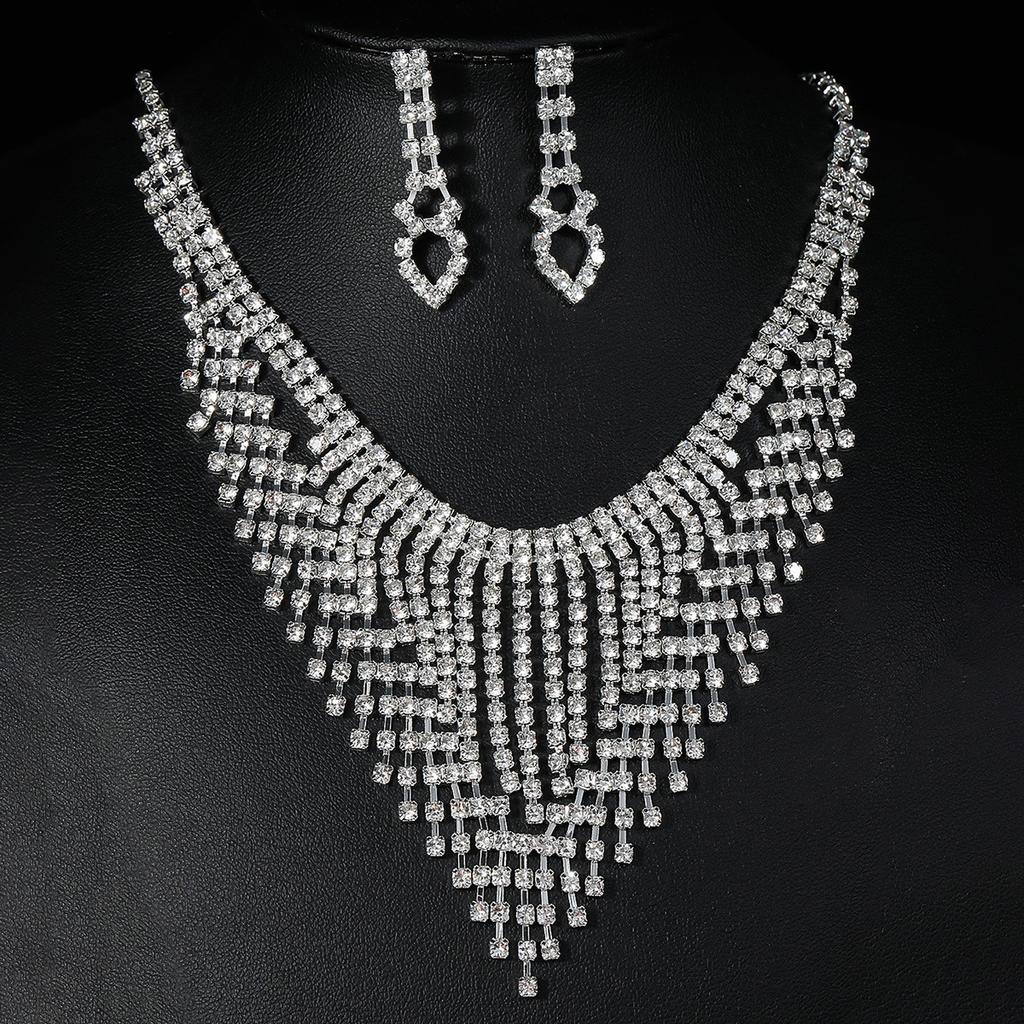 Conjunto de Colar e Brincos de Diamante de Luxo Acessórios para Festa Vestido de Casamento Jantar Corrente de Colar e Brincos de Strass da Moda para Meninas