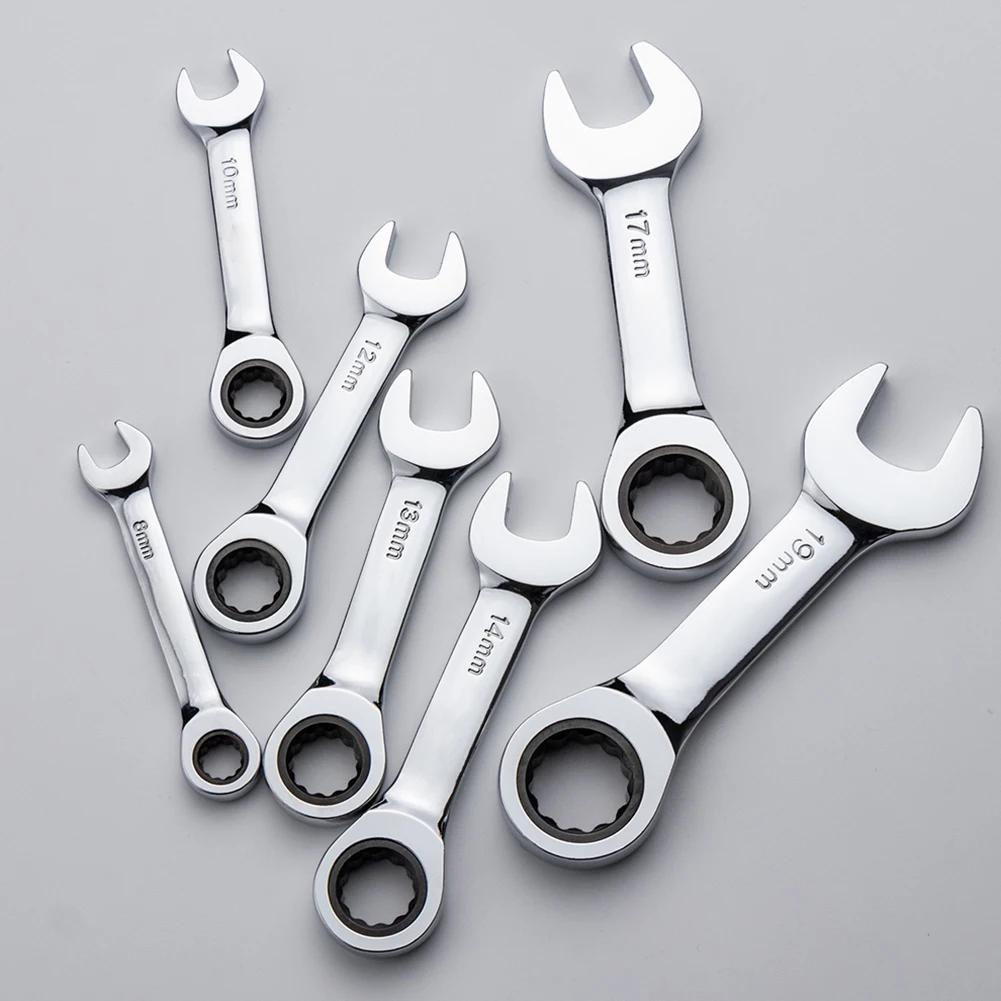 Reversible Combination Stubby Spanner Quick Open Short Handle Ratchet Socket Wrench 8mm-19mm CR-V Steel Bike/Auto Repair Tool
