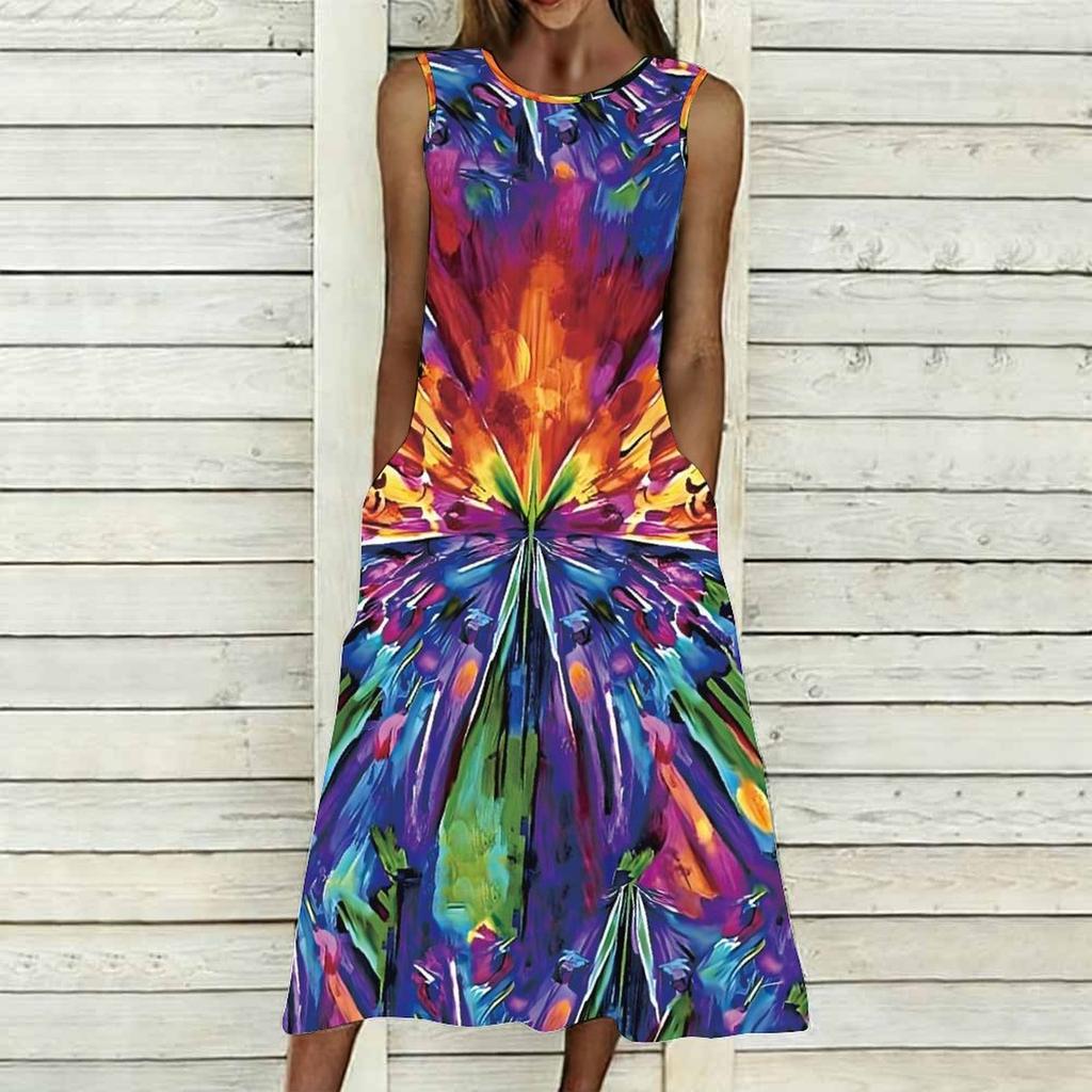 Women Plus Size Sleeveless Crew Neck Dress Soft Watercolor Floral Branches Flowy Mid Calf Gown