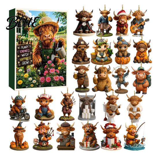 Highland Cow Theme Acrylic Decorative 2026 Calendar Advent Christmas Collection 2D Flat Pendants Ornaments 24 Days Countdown Gift for