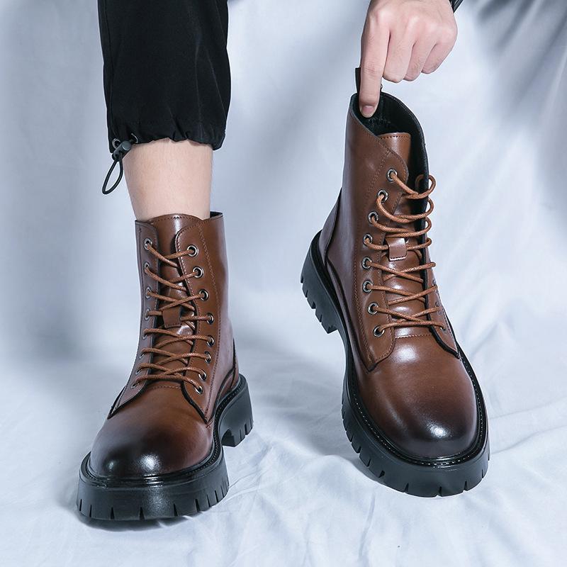 Men's Plus Size Retro High-Top Leather Martin Boots - Thick Sole, Lace-Up, and Wear-Resistant for Height-Increasing Workwear.