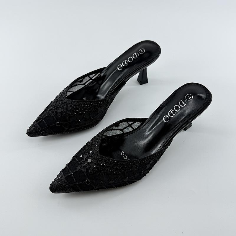 Women's Rhinestone Cap-Toe Stiletto Mules - Summer 2025 Cut-Out Mesh Backless Slippers