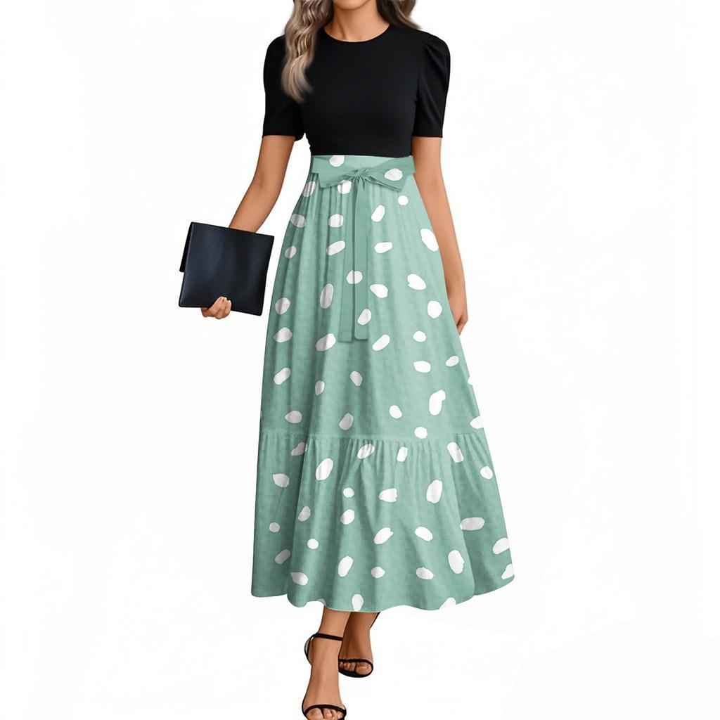 Damenmode Lässiger Gürtel Kurzarm Rundhals Retro Gepunktet Gedruckt Spleißen Elegantes Temperament Kleid