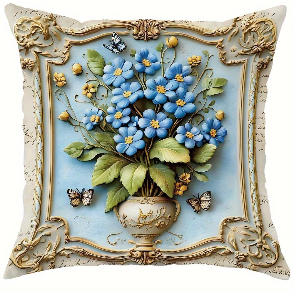 

Home Decor Blue Flowers, Birds & Butterflies Pillow Covers Pattern Cushion Cover Suitable For Sofa Bedroom Car Pillow Cover 16x16Inch