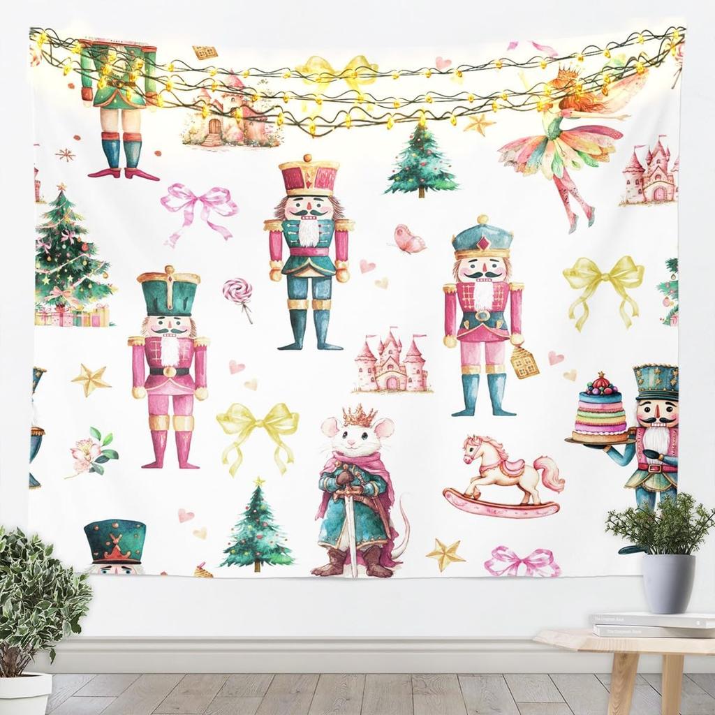Kids Christmas Nutcracker Tapestry for Bedroom Winter Snowflake Wall Tapestry for Boys Girls Christmas Tree Hanging Wall Art