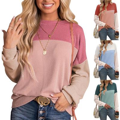 2024 Autumn/Winter Women's Loose Fit Round Neck Color-Block Stripe Long Sleeve T-Shirt