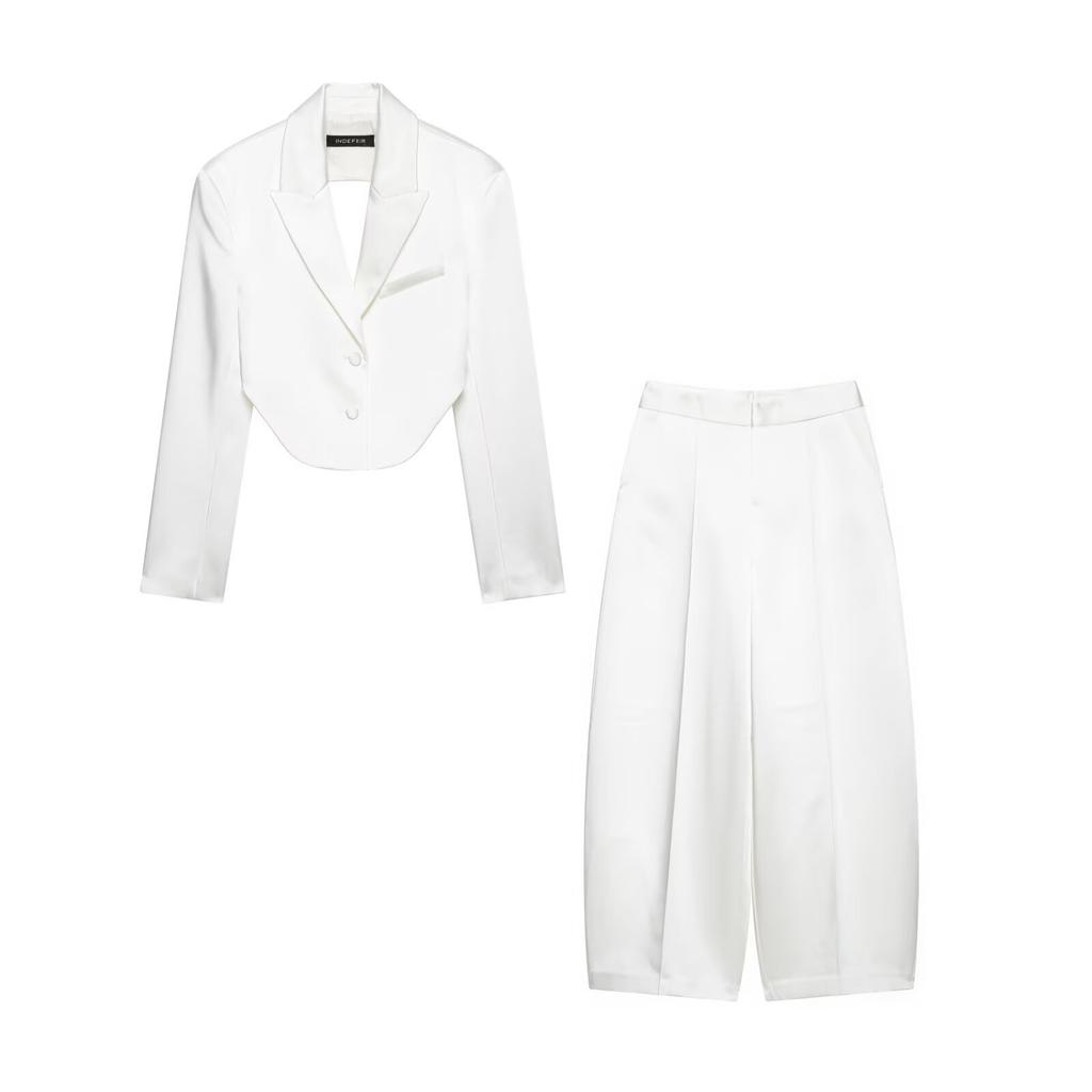 European and American style wholesale women's fashion, elegant silk satin textured backless short blazer + pants