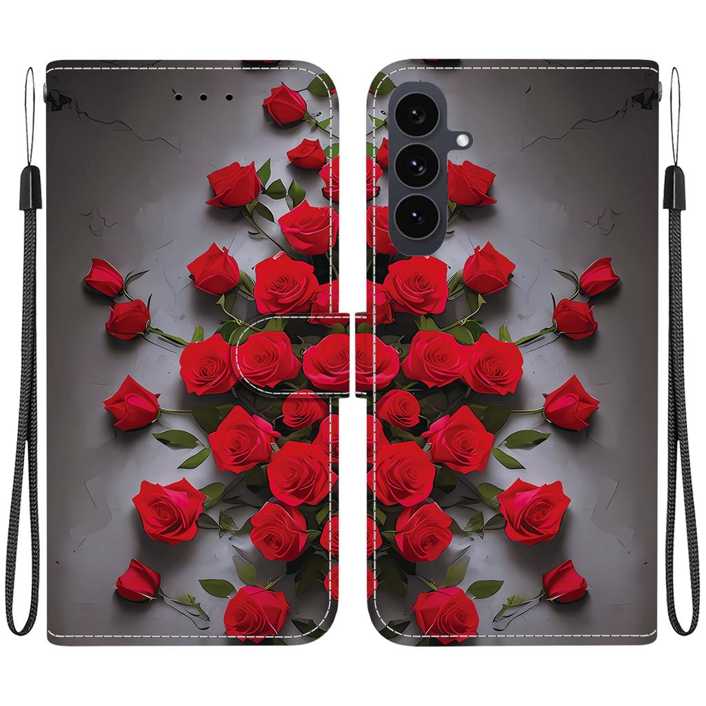 Ručne vyrobené puzdro z PU kože pre Samsung Galaxy S25 FE (SM-S731/S731B)- Protišmykový nárazuvzdorný kryt s remienkom na zápästie a vzorom srdiečka/ruže s mačkou