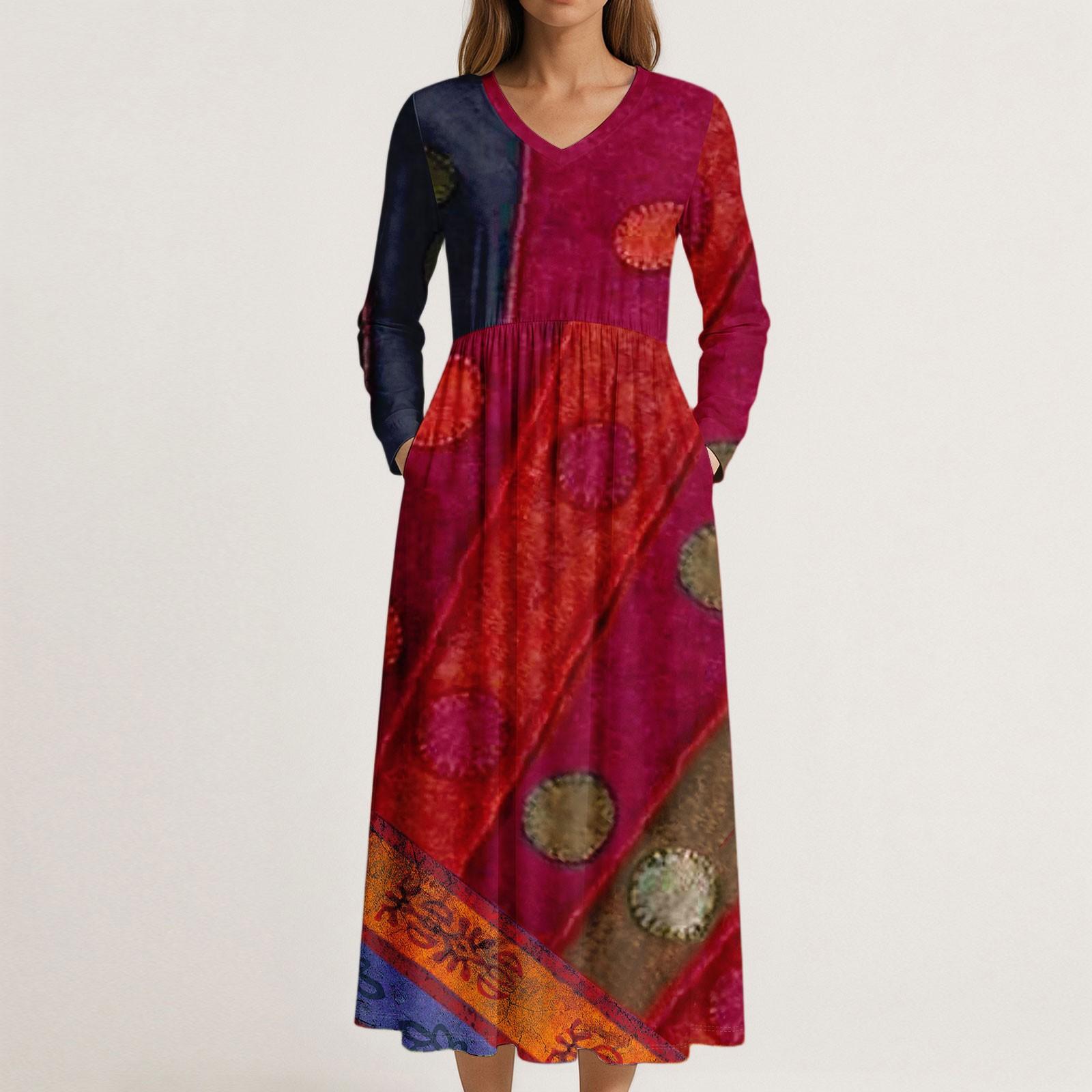 

Платье для женщин длинное бохо пляжное платье элегантное макси-платье V-образный вырез длинный рукав платье с карманами XL красный