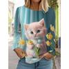 Cute Cat Women's Long Sleeves T-Shirt Round Neck Autumn Animal Clothing Holiday Fashion Party Top