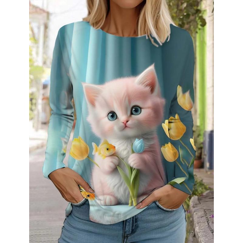 Cute Cat Women's Long Sleeves T-Shirt Round Neck Autumn Animal Clothing Holiday Fashion Party Top