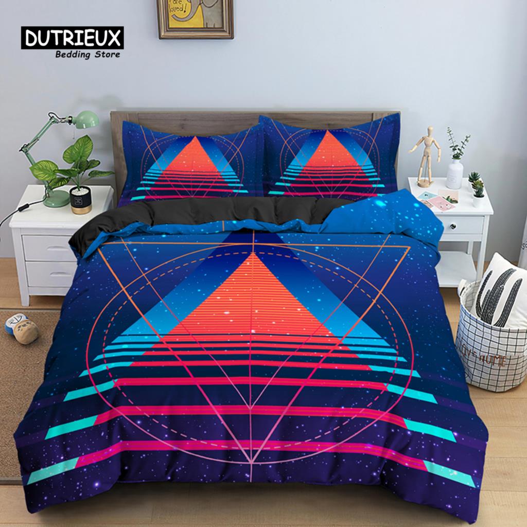 Psychedelic 3D Geometric Duvet Cover Modern Retro Neon Bedding Set Microfiber Colorful Abstract Quilt Cover Full For Kids Teen