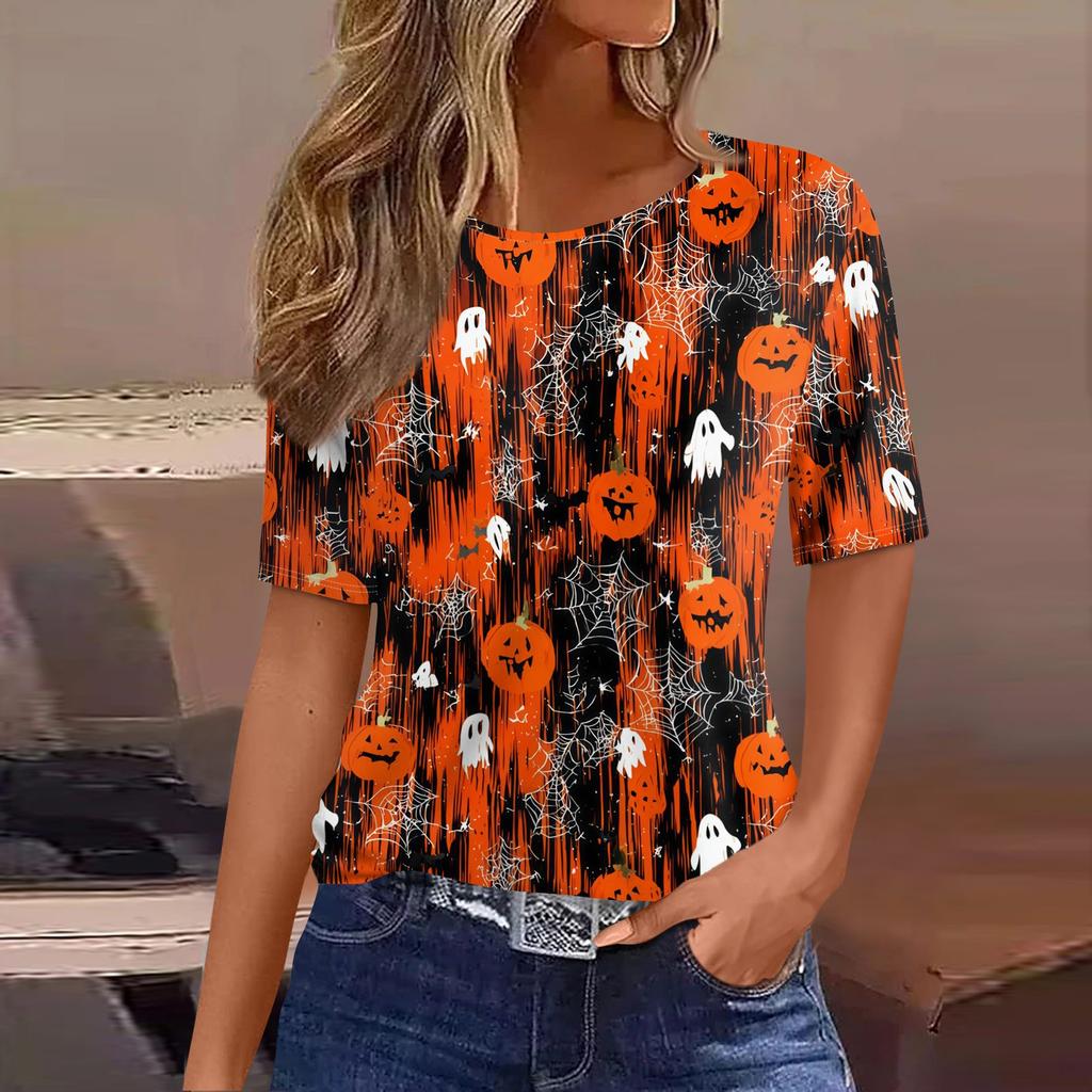 Women's Casual Short Sleeve Pullover Top Halloween Spider Web Pumpkin Print Round Neck Blouse Lightweight Comfortable Fit