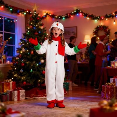 Kids Christmas Snowman Onesie Unisex Snowman Cosplay Costume Winter Plush One-Piece Pajamas with Gloves And Scarf for Boys Girls
