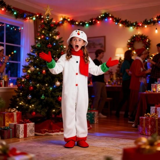 Çocuk Noel Kardan Adam Tulum Unisex Kardan Adam Cosplay Kostümü Kışlık Peluş Tek Parça Pijama Eldivenli ve Atkılı Erkek Kız Çocuklar İçin