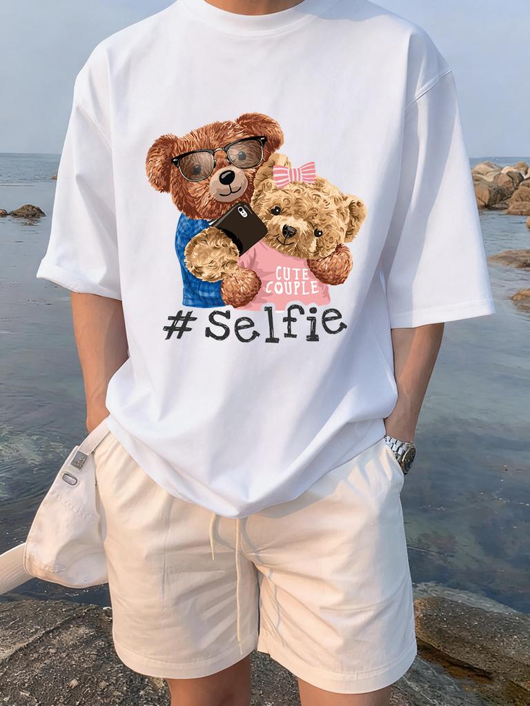 Cute Couple Bears Selfie Printing TShirts Womens Summer Cotton Short Sleeve Tees Loose ONeck Comfortable Tops Casual Clothes