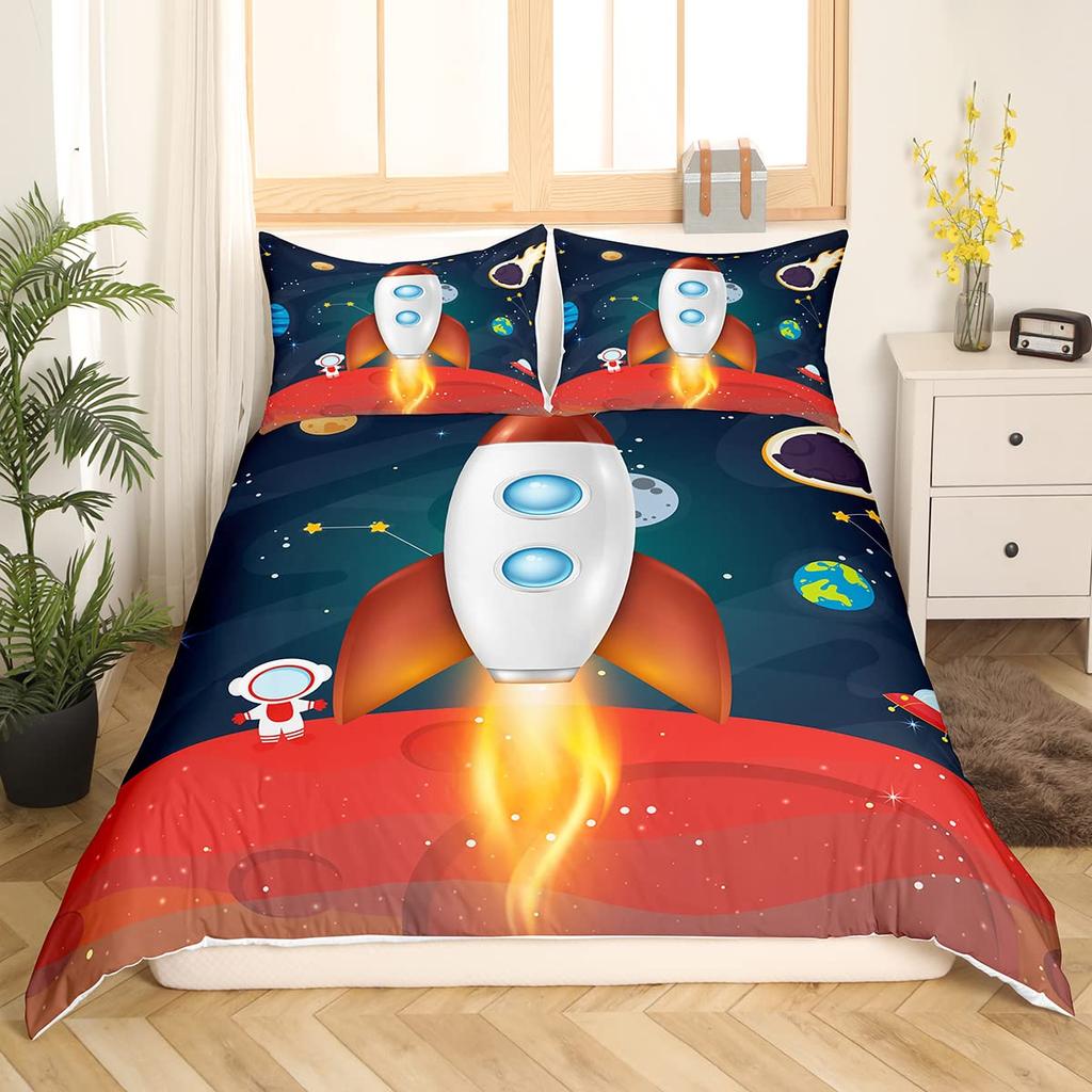 For Kids Boys Girls Bedroom Decor - Rocket Astronaut Space Theme Duvet Cover Set King Queen Full Size Polyester Comforter Cover