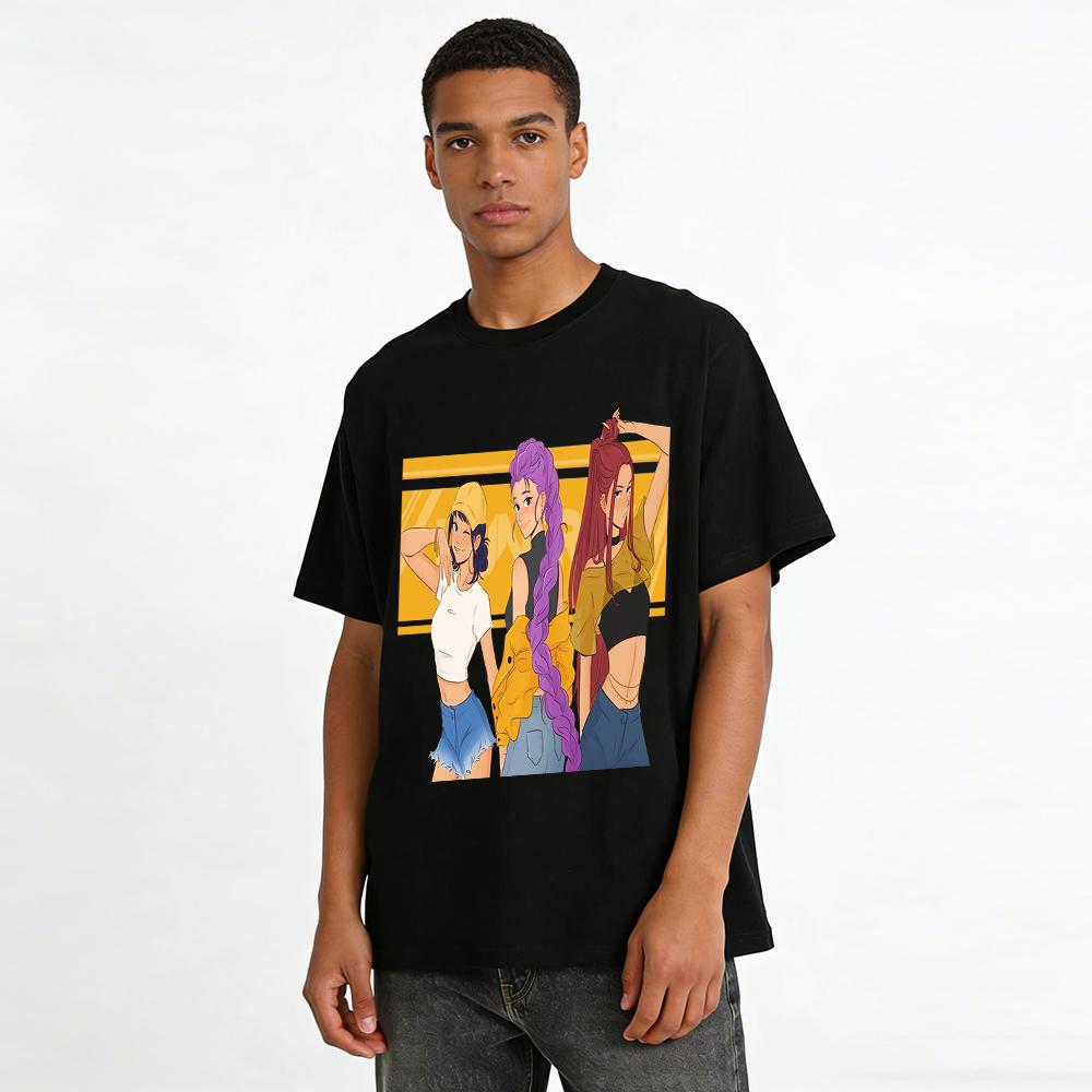 Cool Girl Group Print Short Sleeve T-shirt Casual Loose Fit Trendy Streetwear For Women Pure Cotton T-shirt