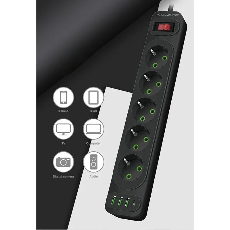 EU Plug Power Strip 5 AC Outlet Multitap Extension with 4 USB Ports 2m Cord Electrical Socket 2500W Fast Charge Surge Protector
