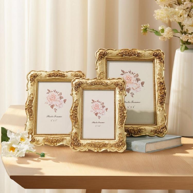 Antique Resin Wall Art Tabletop Golden Photo Frame Intricate Florals Embossed Picture Frame with Glass Front Home Decors