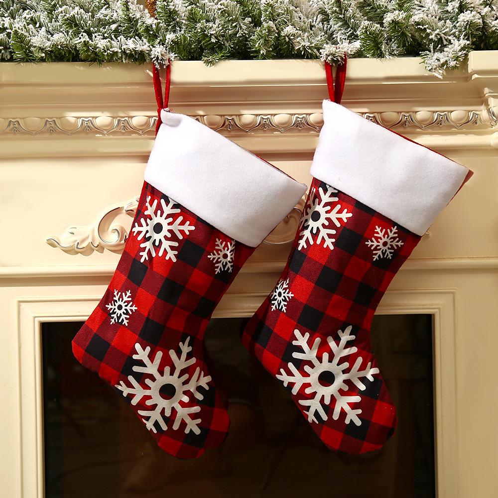 Snowflake Plaid Christmas Stocking - Red & Black Candy Bag for Holiday Gifts