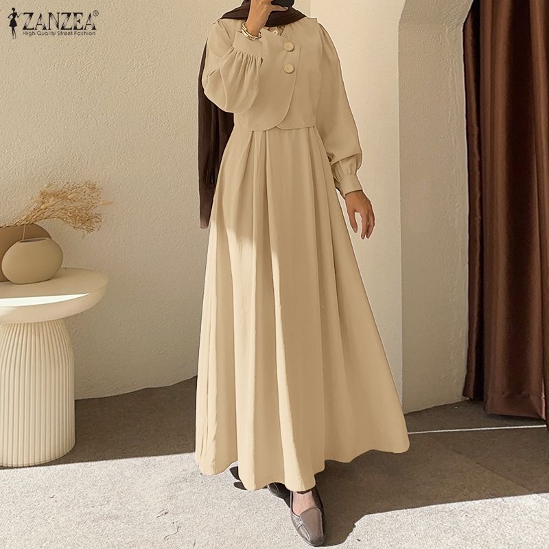 ZANZEA Women Casual Turn Down Collar Solid Color Long Sleeve Muslim Dress
