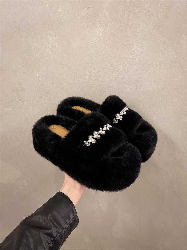 Thick-bottomed fluffy slippers for women to wear 2025 new autumn and winter Internet celebrity rhinestones with heightening home cotton slippers