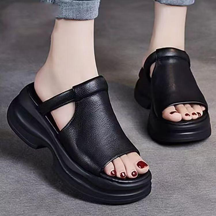 thick-soled fish mouth sandals women's summer new muffin retro soft-soled outdoor height-increasing leather cool slippers women