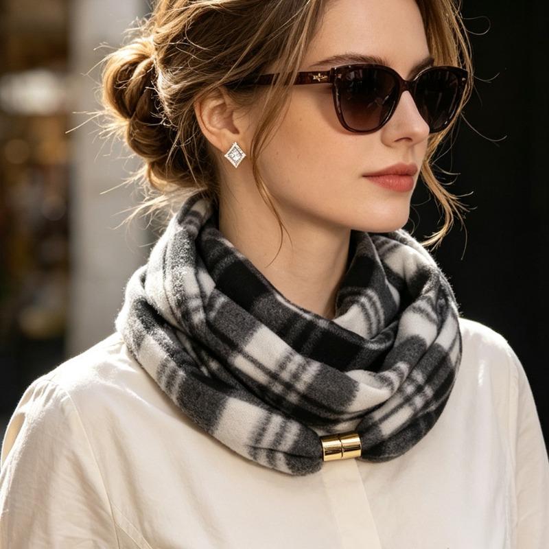 1-5PCS Autumn Winter Women Plaid Neck Warmer Magnetic Button Tie Knitted Warm Soft Decorative Scarf for Home Party Gift Daily