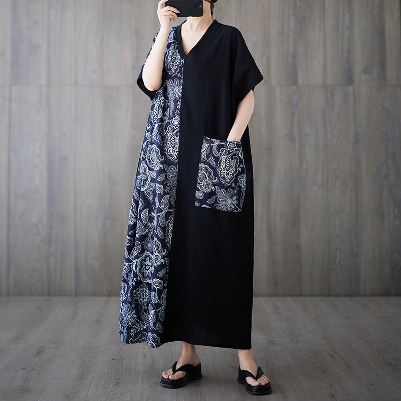 DIMANAF 2025 New Plus Size Summer Dress Women Vintage Printing Loose Casual Dress Long Linen Dress Maxi