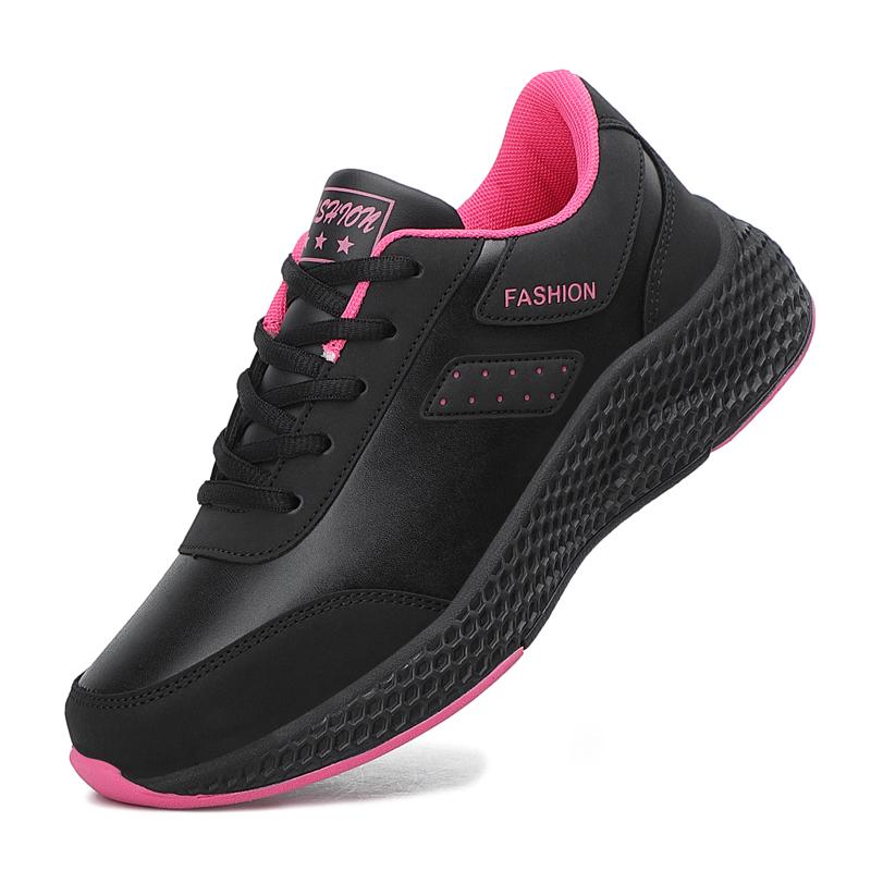 Running Shoes for Women Black Sneakers PU Leather Comfortable Height Increasing Chunky Shoes Breathable Leisure Shoes Big Size