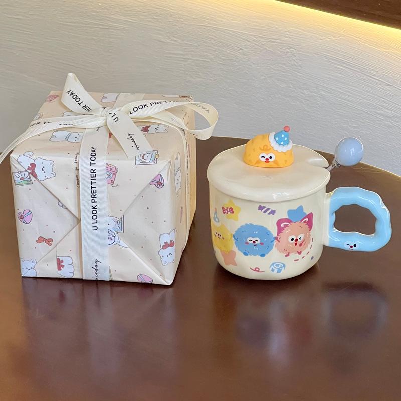 Cute Cartoon Coal Ball Ceramic Mug with Lid Couple Water Cup Girl Birthday Gift Girlfriend Souvenir Gift Box