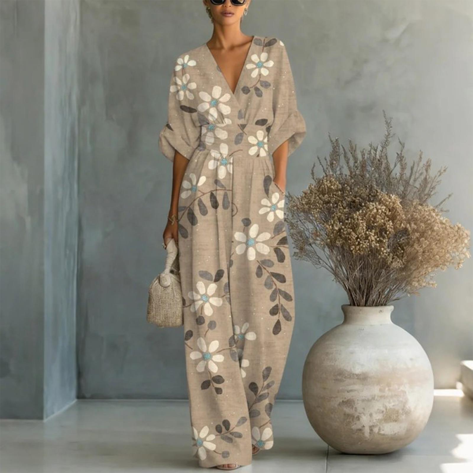 

Women’s Elegant V Neck Printed Jumpsuit with Waist Tie Loose Fit Long Sleeve One Piece Outfit for Casual or Formal Wear L коричневий