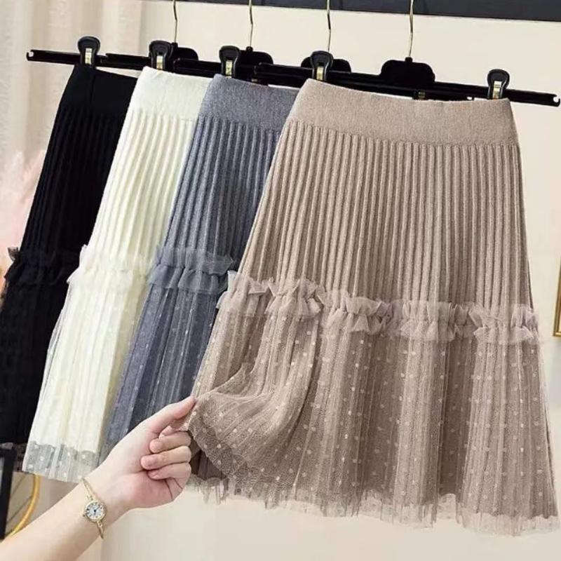 Rok voor Dames Casual Veelzijdig Elastisch Hoge Taille Lange Losse Broek Grote Maten Dubbele Laag Rekbaar Slank Effen Kleur Gebreide Rok.