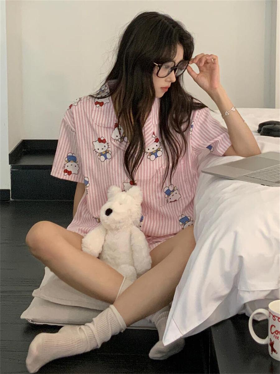 

Sweet Princess Style Pink Striped Hello Kitty Pajamas Women s Short Sleeve Shorts Cardigan Two-piece Casual Loungewear S