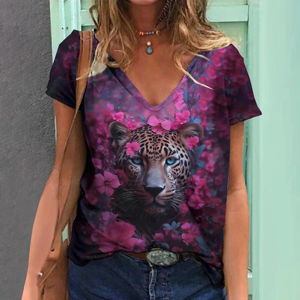 Summer V-neck 3D Animal Pattern Printed Top Fashionable Casual Short Sleeved Women's T-shirts