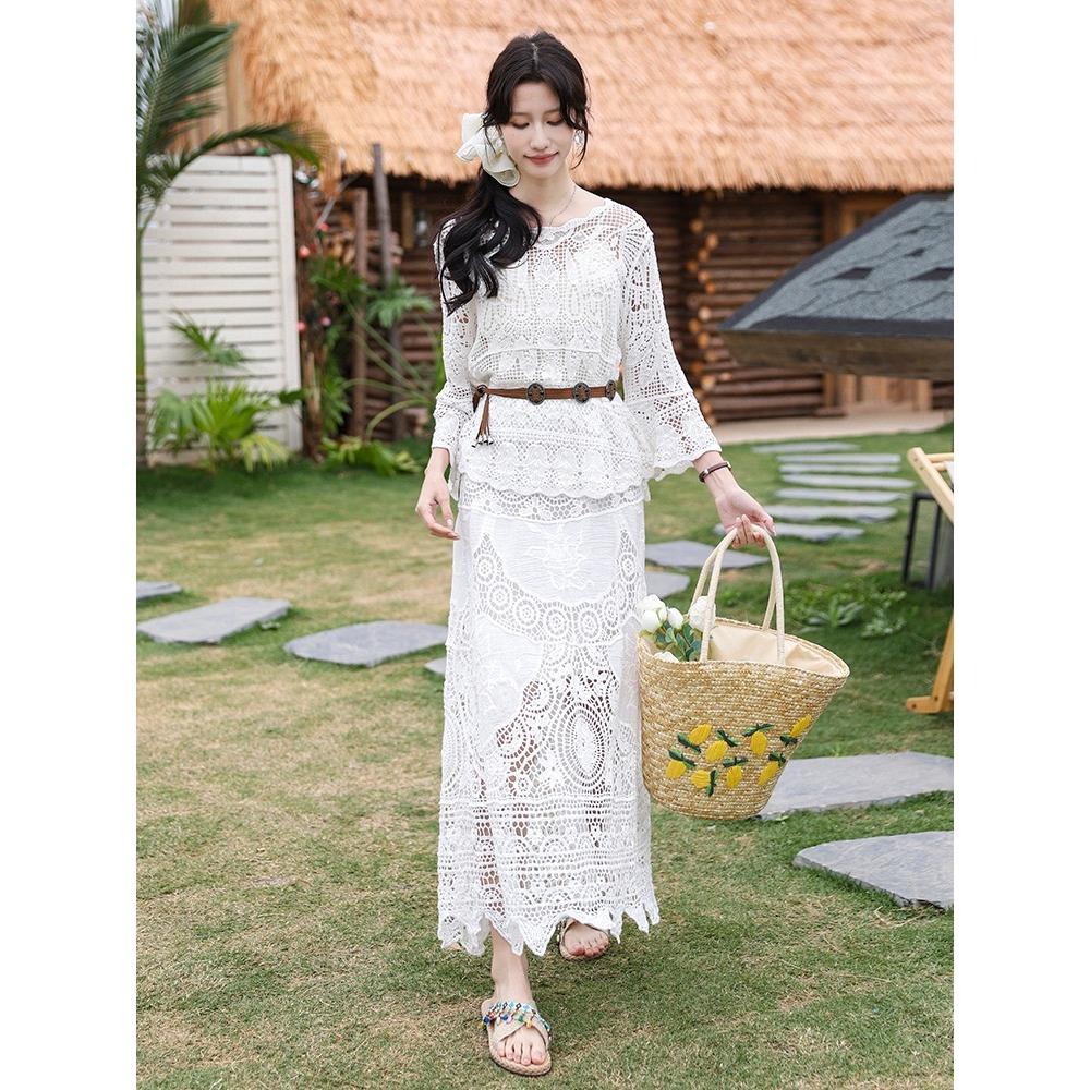 DIMANAF 2025 Women New Suit Skirt Knitting Beach Short Sleeve Lace Hollow Out Sexy O-Neck Hollow Summer Style Tops Tees Loose Basic