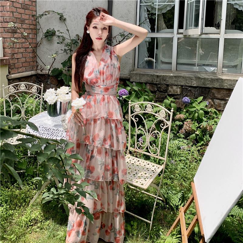 Women's Summer Waist Slimming Backless Hanging Neck Holiday Beach Ruffle Printed Long Skirt