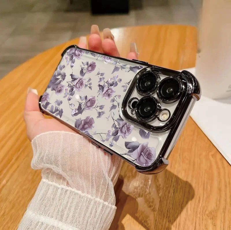 Case For iPhone 14 13 Pro Max 6 7 8 Plus 17 Air X XR XS Max Plating Violet Flowers Shockproof Transparent Soft Cover