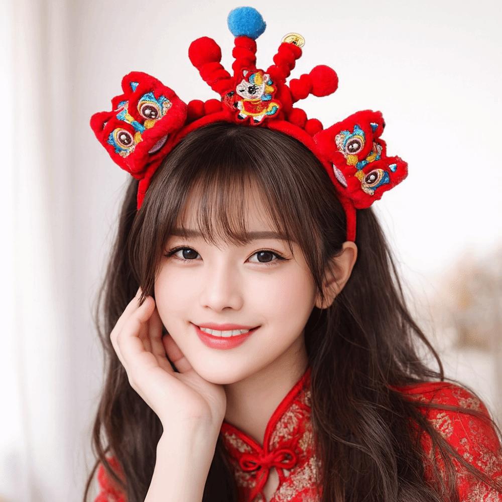 Headwear New Year Hair Hoop Embroidered Bow Ancient Style Hairband Red Plush Headband  Festival
