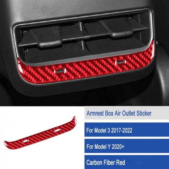 Red Carbon Fiber Car Central Armrest Box Rear AC Vent Cover For Model 3 Y 17-22