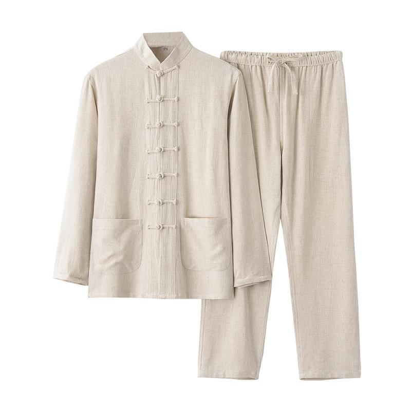 Costume Tang en Coton Lin à Manches Longues pour Homme: Style chinois rétro, Coupe ample pour personnes d'âge moyen et âgées, Parfait pour le Tai Chi.