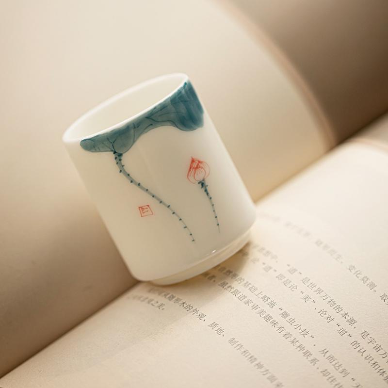 Hand-painted Lotus Teacup Jade Porcelain Underglaze Single Cup Household Ceramic Kung Fu Tea Cup Teaware Chinese Gongfu Tea Bowl