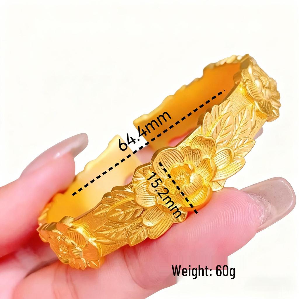 Golden Ancient-Style Peony Carved Open Bangle - Double Happiness Wedding Bracelet