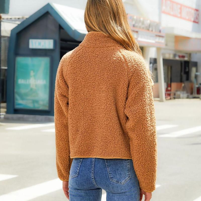 Cárdigan con cremallera, abrigo de manga larga, Top de Color liso con retazos de felpa para mujer